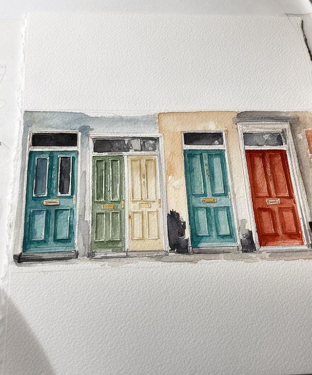 Layered watercolour study of Dublin rooftops with soft terracotta tones